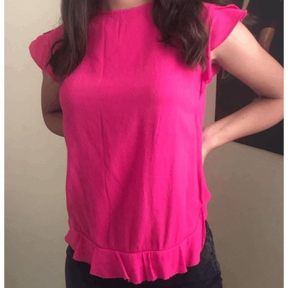 MNG Collection Mango Barbiecore Pink Ruffle Cap Sleeve Blouse Top Size Small - Picture 1 of 8